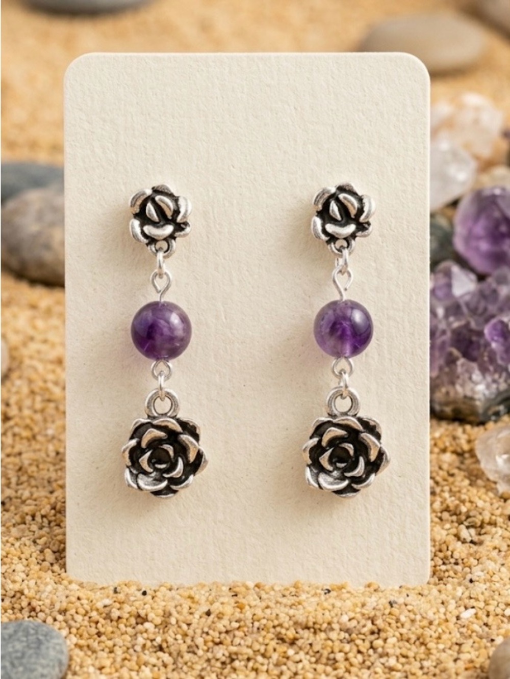 Hand Crafted Succulent Flowers & Amethyst Drop Earrings 1.5” Hypoallergenic NWT